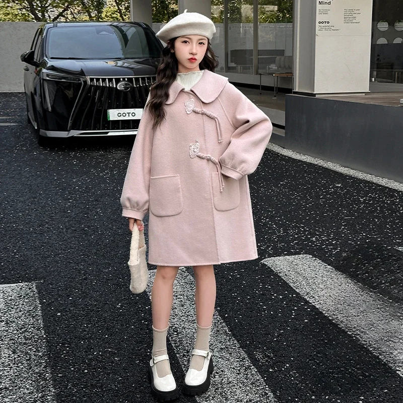 Girls' Autumn and Winter Embroidered Woolen Coat 2024 New Korean Middle-aged and Older Girls' Senior Wear Slim-fitting Coat