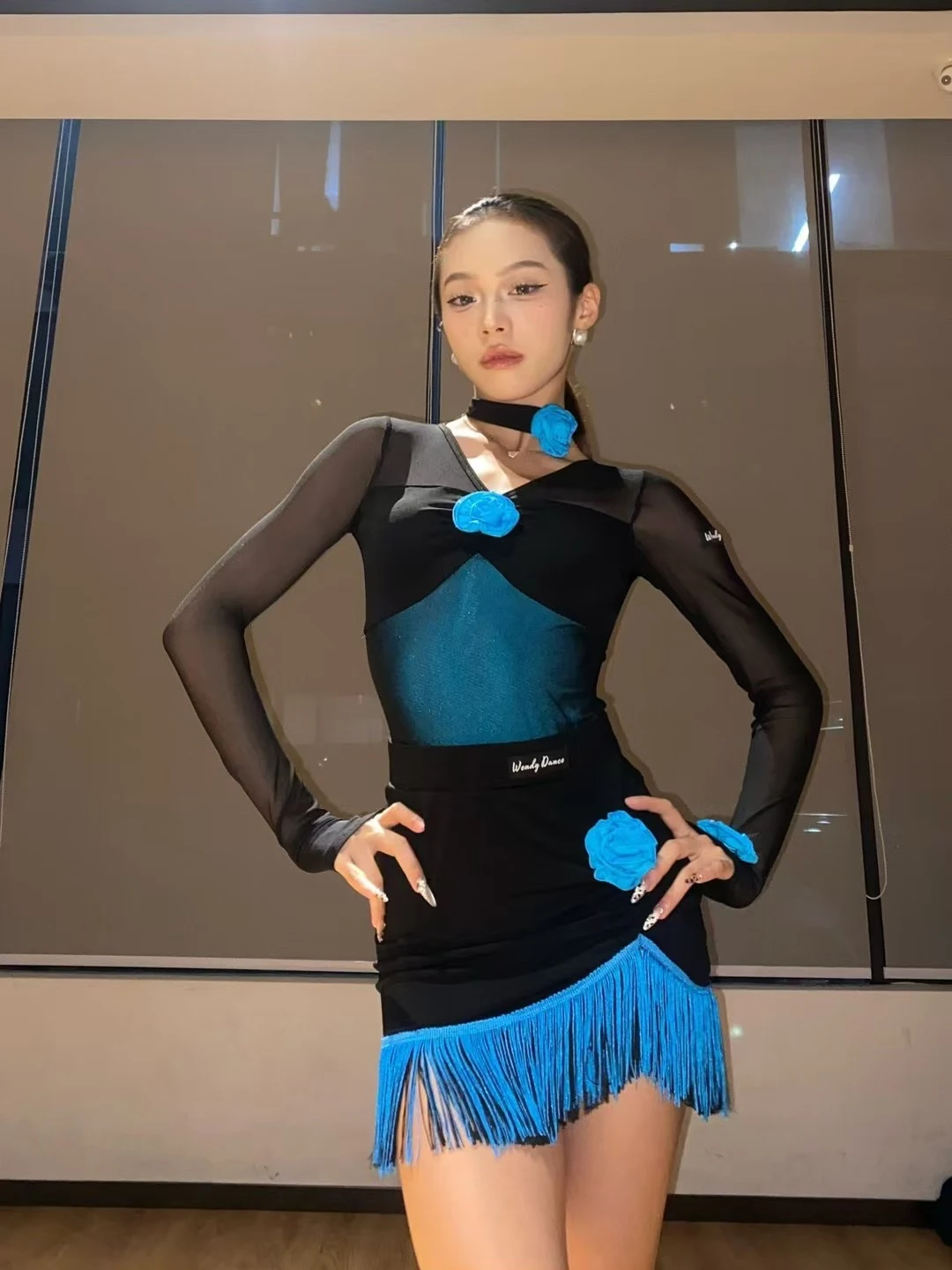 2025 Costumi di performance di danza latina per le donne Top in rete a maniche lunghe Nappe blu Gonne Pratica vestito Abbigliamento latino DQS17908