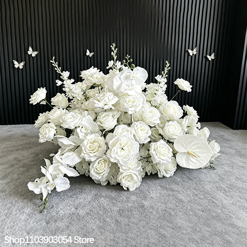 Weiße künstliche Blumen, Rosen, Hortensien, Hochzeitsdekoration, Bodenblumenreihe, Tischdekoration, Blumenball, Blumenarrangement – Detail 2