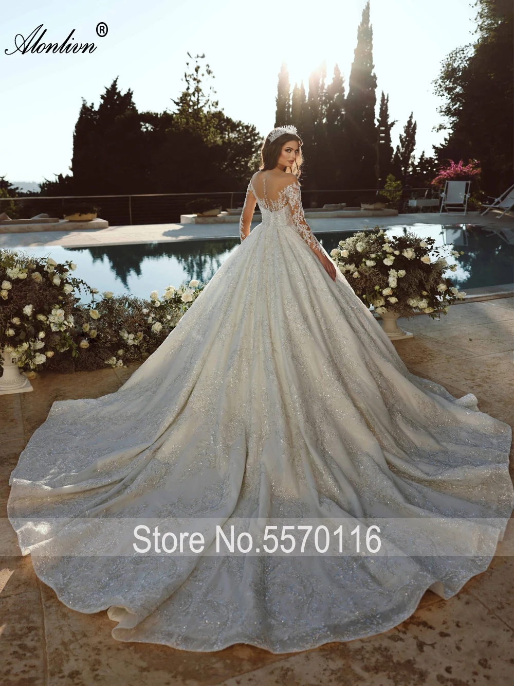 Alonlivn Luxury Lace Full Sleeves Ball Gown Wedding Dresses Illusion Neck Beading Embroidery Vestido De Noiva