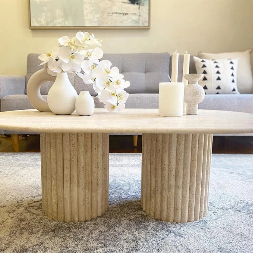 OEM Modern Natural Marble Stone Matte Turkey Beige Travertine Round Coffee Table with Cylinder Plinth Travertino Console Table