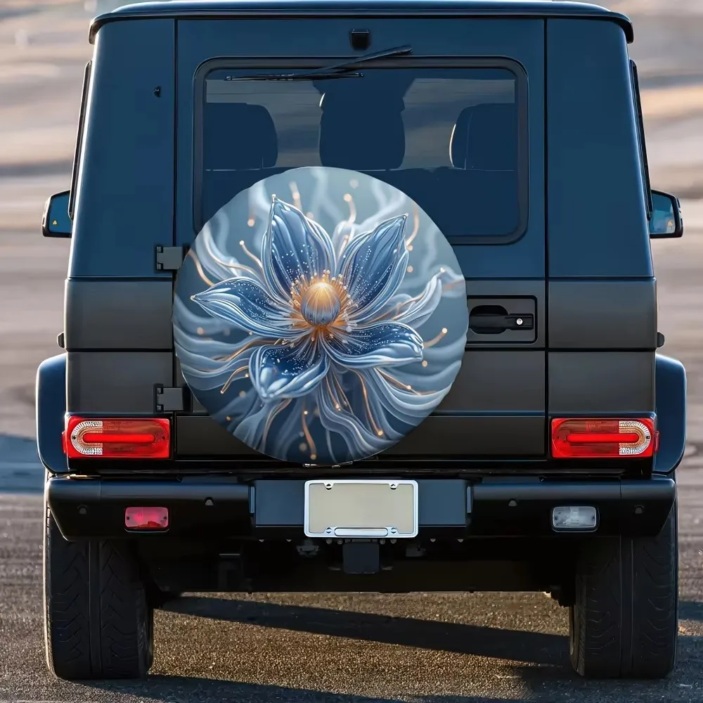 Silver Blue Flower Print Spare Tire Cover 100% Polyester Universal for Truck SUV Trailer