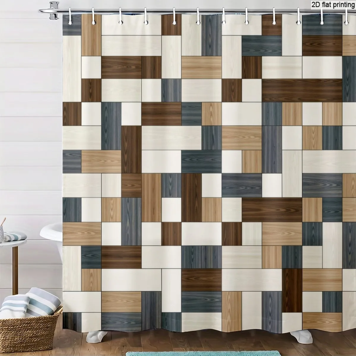 Waterproof Polyester Bathroom Shower Curtain Wood Planks Tile Pattern Modern Rustic Design Liner for Luxury Master Bathroom Deco
