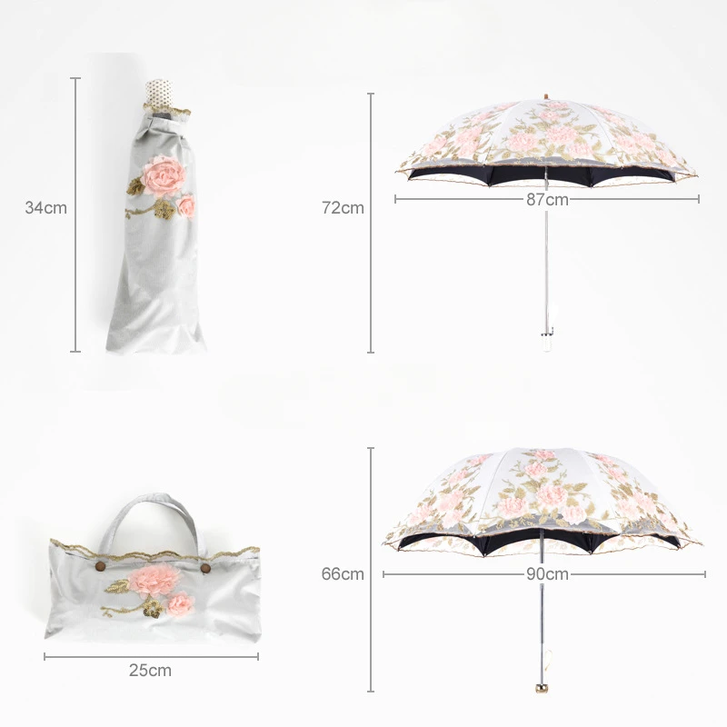 Triple Fold Double-layer Embroidered Anti UV Sunshade Umbrella Lace Embroidered Umbrella Suitable for Both Rain and Sunshine