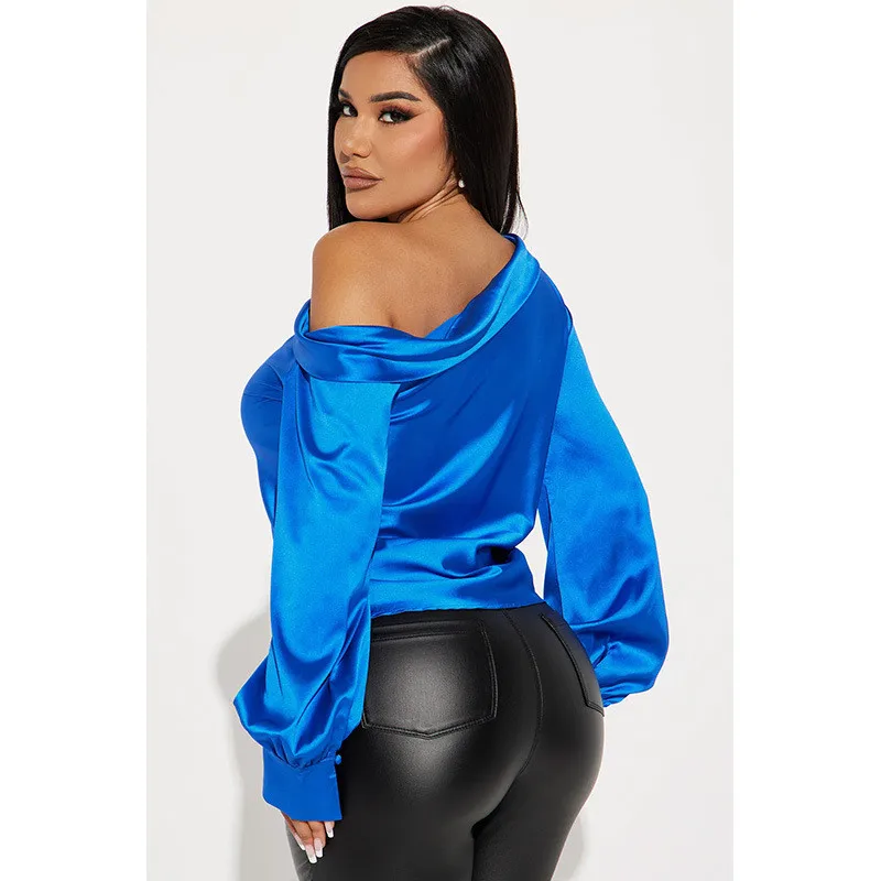 Elegant Skew Collar Satin Women Shirts Black Long Sleeve Off Shoulder Solid Color Autumn Winter Fashion Blouse And Tops