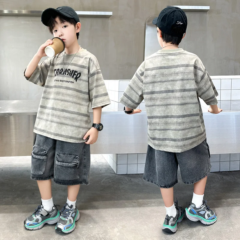 

High Quality Children Summer Set for a Boy Stripe T-shirt And Denim Shorts Two Piece Clothes Suit Kids Luxury Clothing Set 5-14T