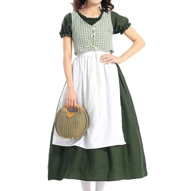 

Women Green Plaid Vest Dress with Apron Pastoral Pioneer Victorian Medieval Costume Carnival Halloween Party Cosplay Dresses