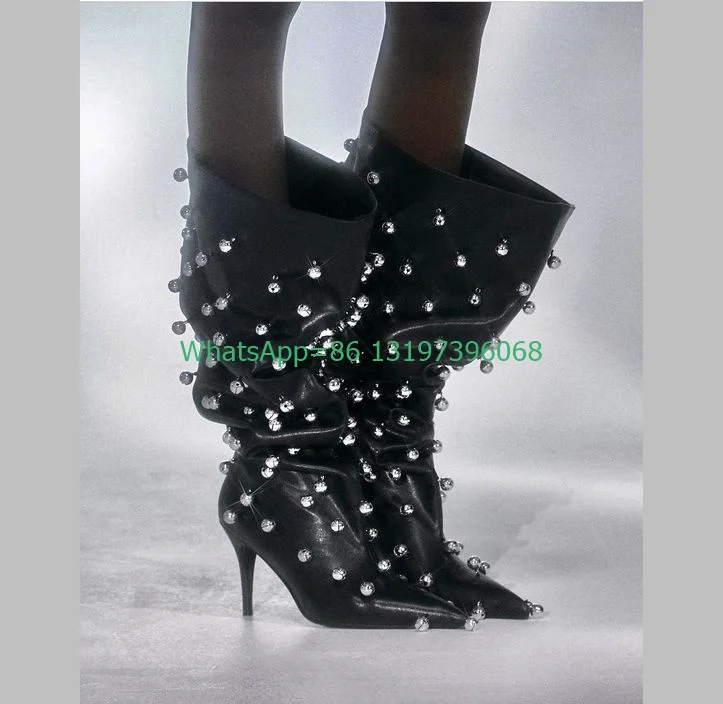 

Lady gothic style spike toe design PU boots pointed toe pleated design calf boots sliver meatl design rievt punk boots size 3546