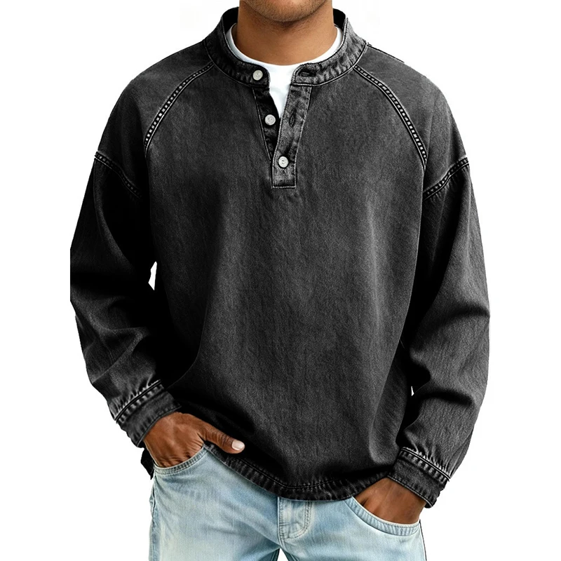 Autumn Version New Retro Men'S Hoodie Jacket Zipper Stand Up Collar Solid Color Denim Casual Loose Hoodie Long Sleeved Shirt