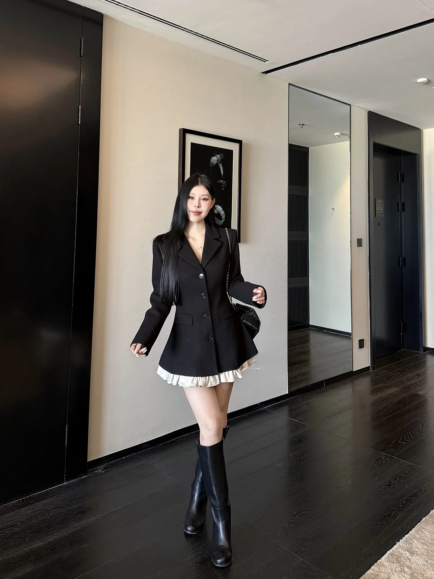 

Slim Fit A-Line Suit Dr for Women Fall 2025 Commute Ele Waist-Cinching Long Sve Polyester Fiber Non-Stretch Skirt