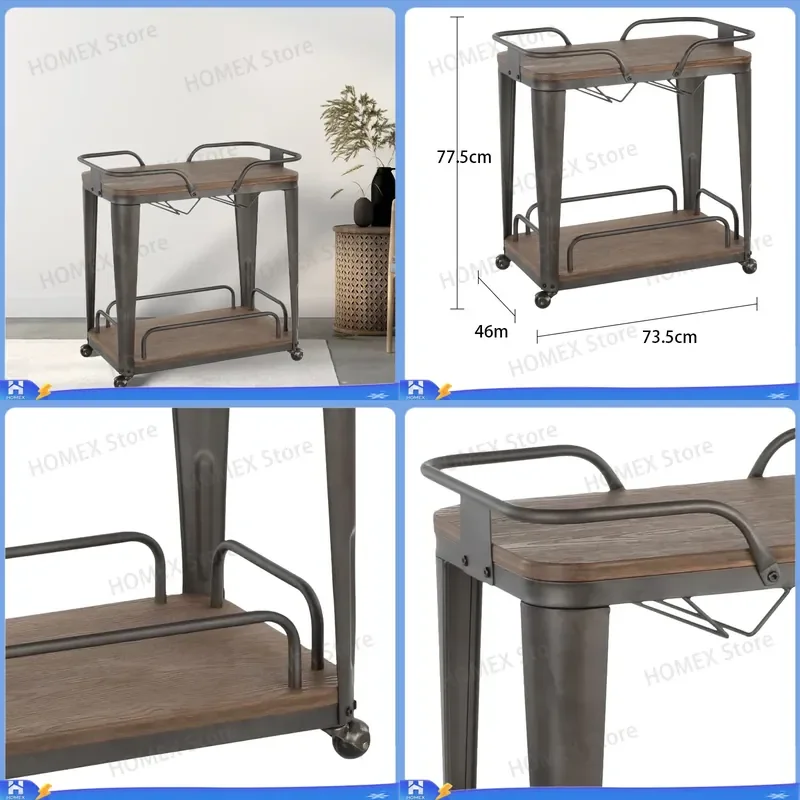 Mobile Serving Cart with Wheels Double Tier Kitchen Trolley for Dining Room Bar Wine Tea Storage Rack Home Hotel Furniture