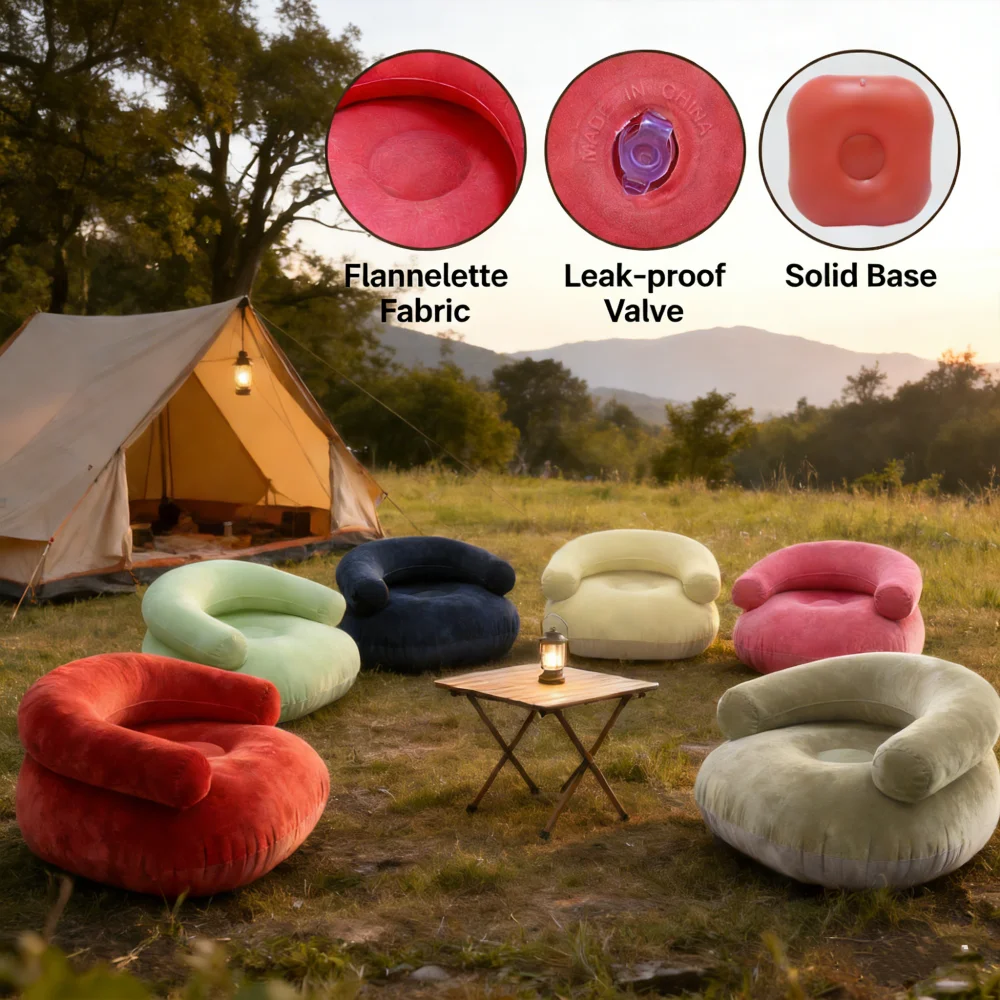 U‑Shaped Flocking Inflatable Single Lazy Sofa with Armrests & Backrest, Portable Air Sofa Chair for Indoor Home Outdoor Camping