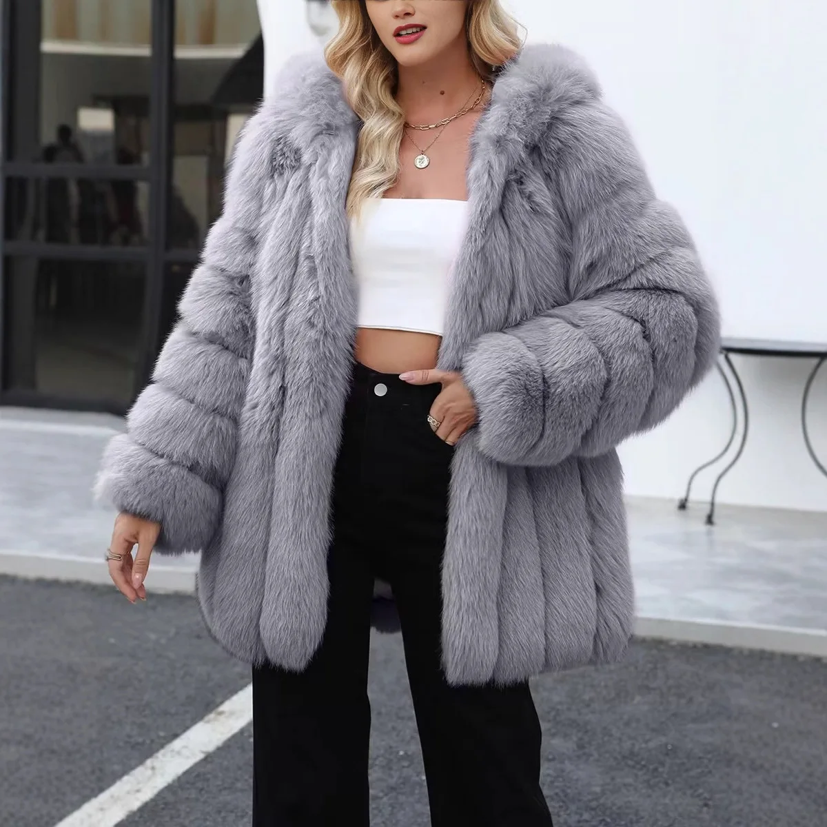 معطف جديد لخريف وشتاء 2025 من فرو الثعلب الصناعي معطف دافئ من القطيفة باللون الرمادي والكاكي والبني متوفر بألوان متعددة #5