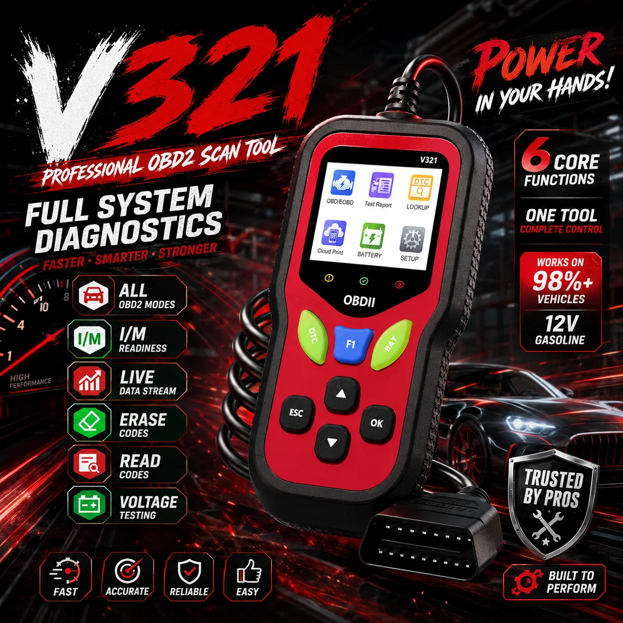 Herramienta de Diagnóstico para Auto V321 Obd2, Lector de Códigos Profesional, Eliminación Rápida de Luz de Advertencia del Motor, Transmisión de Datos en Tiempo Real y Estado del Vehículo