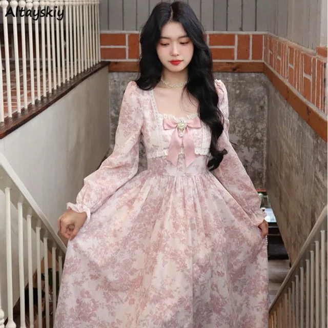 Sukienka midi z długim rękawem dla kobiet Sweet Princess Girls Floral Print Flattering Waist Bow Square Collar Spring Design Elegant Temper