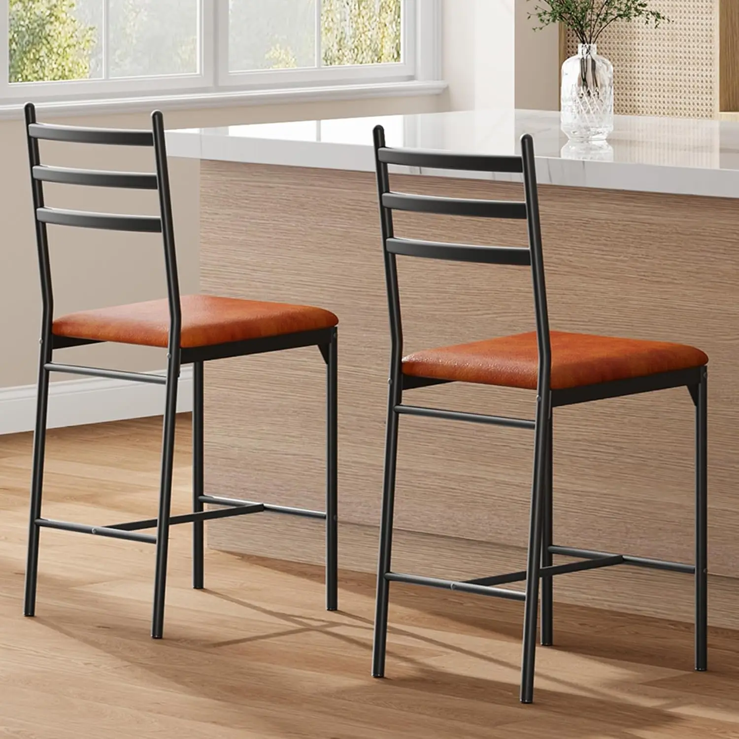 

Home Bar Stools Set of 2, Counter Height Bar Chairs with Back and Thick Cushion, Upholstered Dining Chairs with Padded Seat,