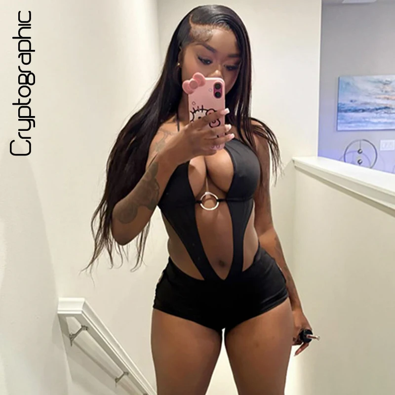 Black Halter Backless Romper Cut Out Bodycon Sexy Sleeveless Waistless Fitness One Piece Short Jumpsuit