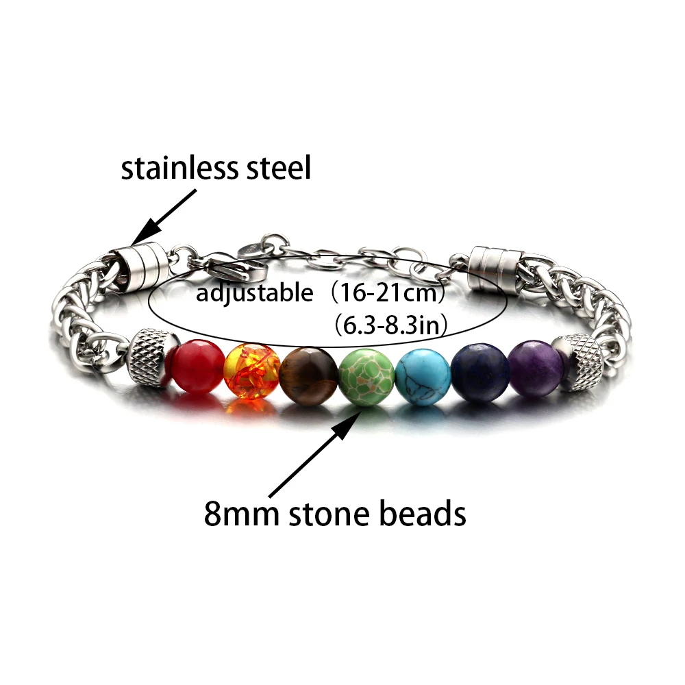 1pc 7 Colorful Chakra Stone Stainless Steel Chain Adjustable Men Women Yoga Energy Bracelet Gift For Good Friend