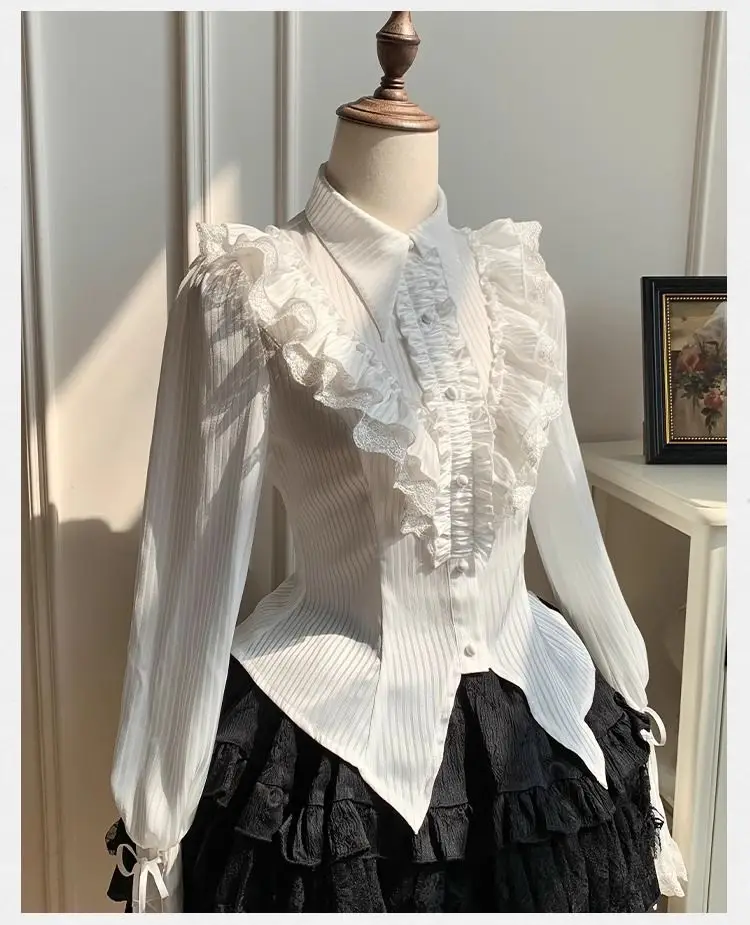 Elegante Lolita Shirt Vrouwen Herfst Mode Lange Mouw Tees Elegante Bubble Mouwen Zoete Kantoor Dame Tops Casual Kleding Vrouwelijke
