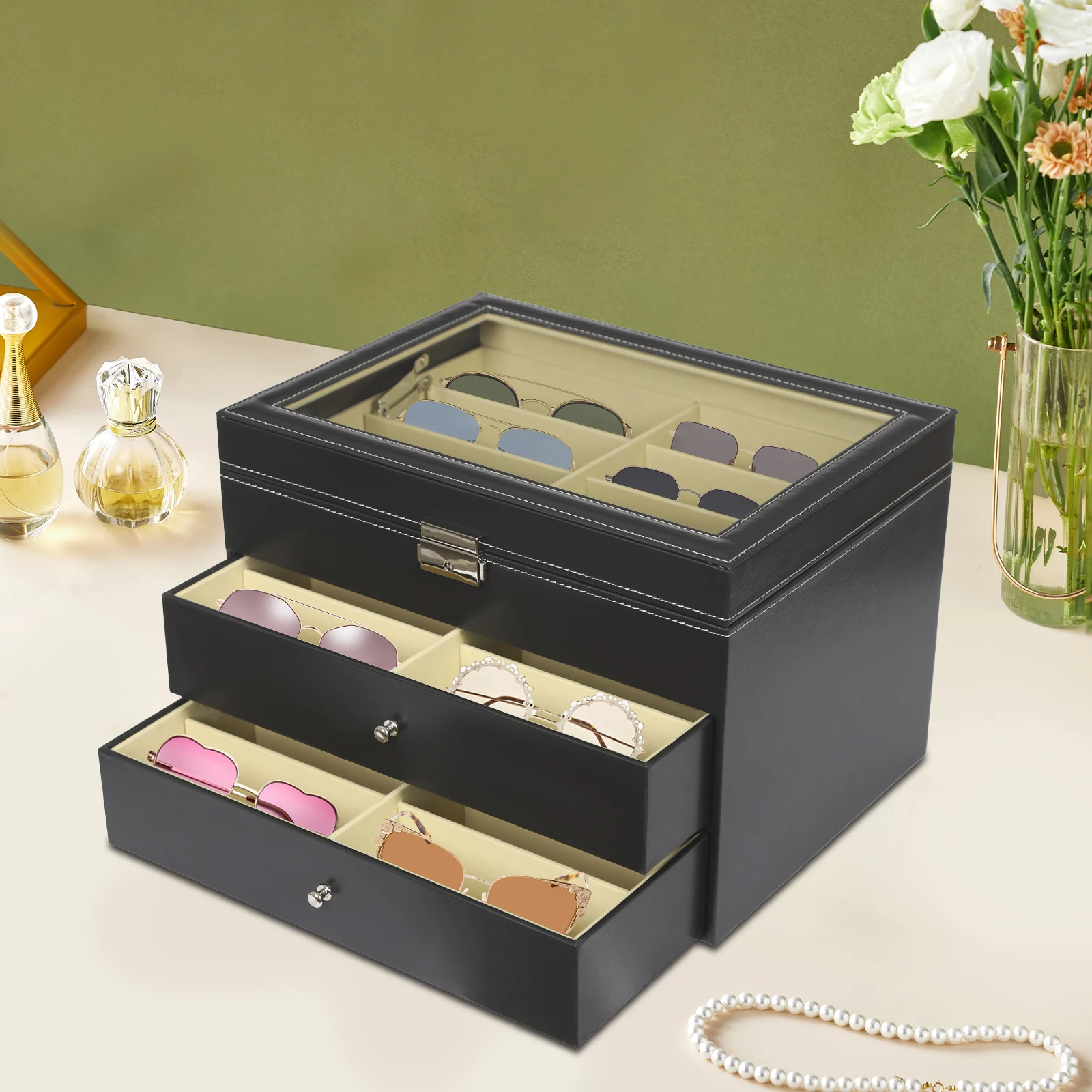 3 Layers Organizer Leather with Drawer 24 Slots Glasses Box Display Storage Case Rust-resistant for Sunglasses