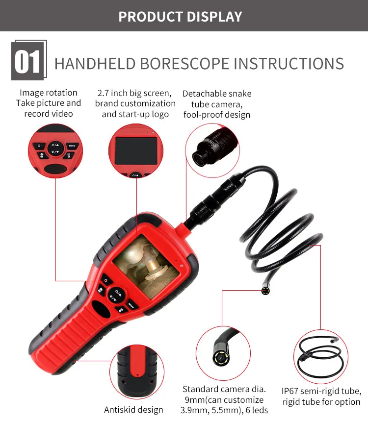 QBH Factory Industrial Borescope Inspection Camera IP67 Waterproof Semi-Rigid Pipe Endoscope 3.9/5.5/8.5mm Interchangeable Lens