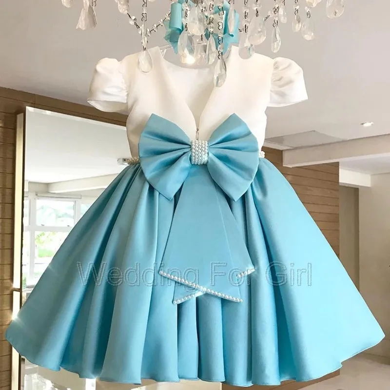 Vestido de baile corto de satén con manga de casquillo para niña, vestido de flores para boda, Perla para niño, vestido de primera comunión