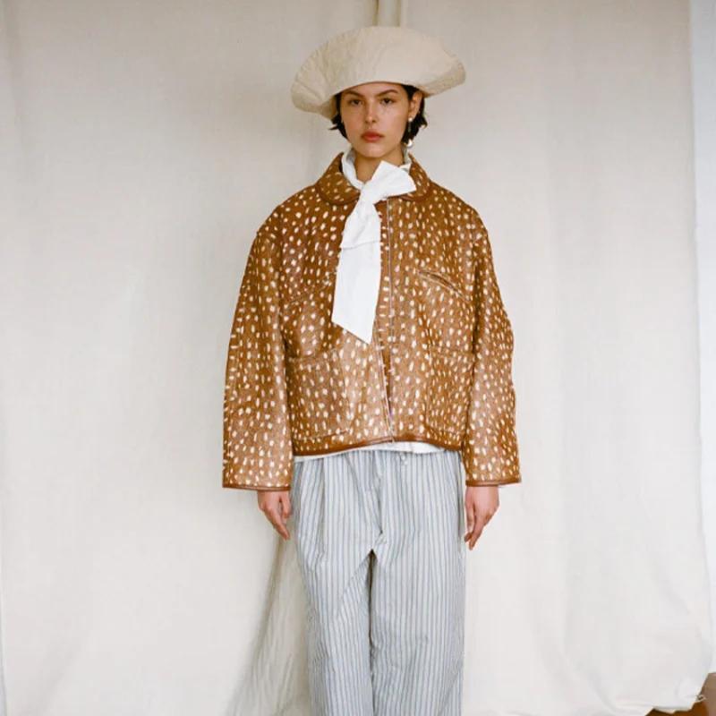 QICHE Women 2026 Autumn‑Winter European‑Style Lapel Zip‑Up Leopard & Polka‑Dot Short Casual Outer Jacket Coat