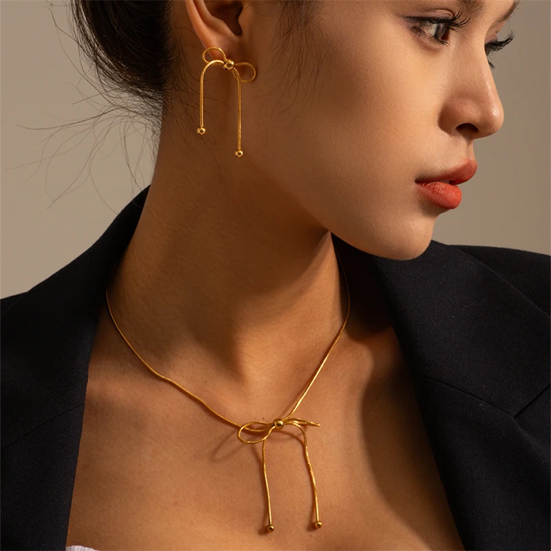 316L Stainless Steel New Fashion Fine Jewelry Bowknot Spherical Pulling djustment Charm Chain Necklaces Rings Earrings For Women