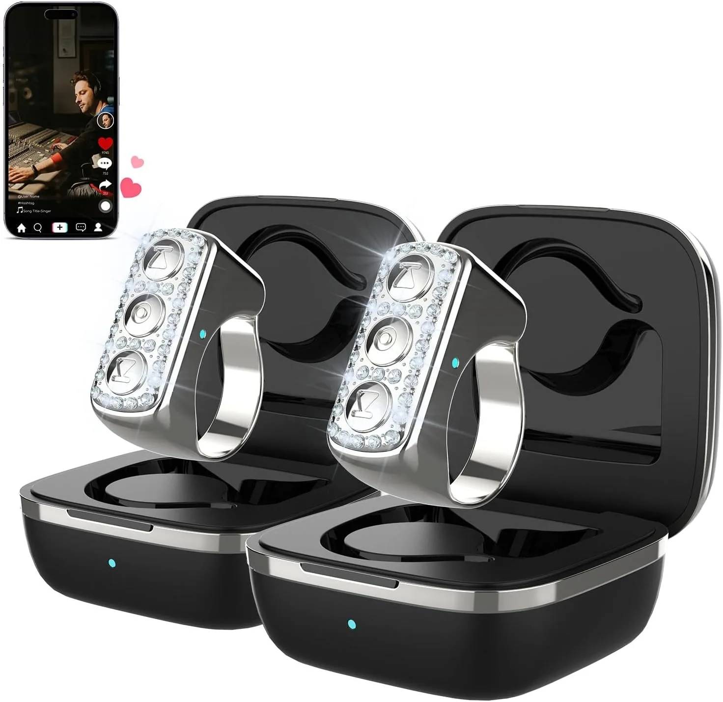 

TikTok Scrolling Ring with Rhinestone 2-Pack, Remote Control for TikTok, Bluetooth Page Turner for iPad/Kindle App/Android