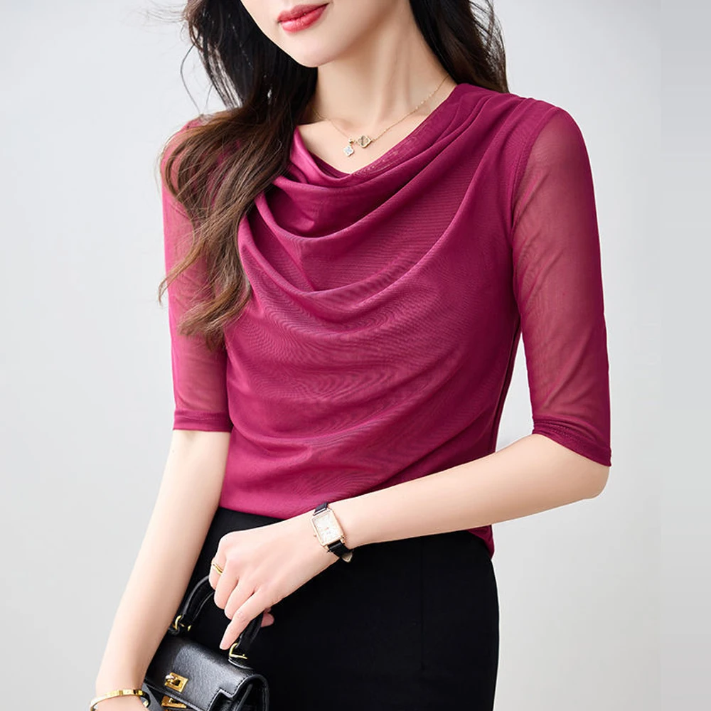 

New Temperament Fold O Neck T Shirts Women Elastic Mesh Perspective Half Sleeve Swinging Collar Tops Tees S-3XL Ladies Clothing