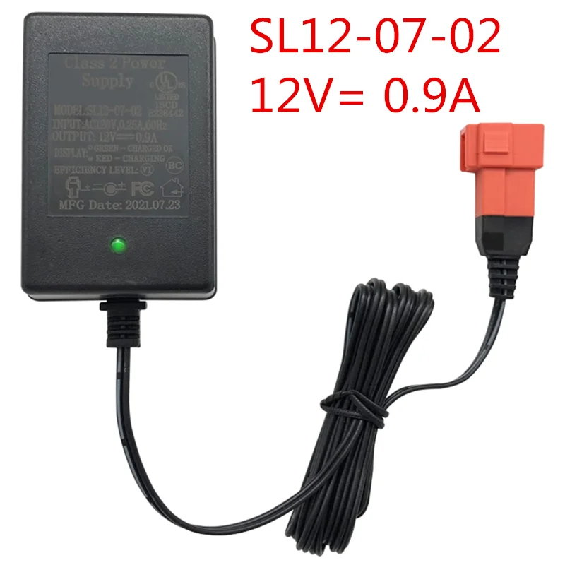 Cargador de coche SL12-07-02 para niños, 12V, enchufe tipo cuadrado rojo, entrada: AC120V 0.25A.60Hz, salida: 12V = 0.9A, pantalla LED: Ch rojo