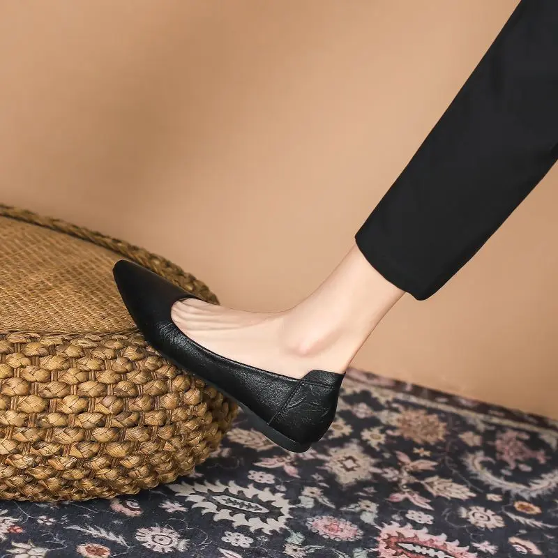 Luxury Leather Casual Black Formal Women\'s Summer Footwear Pointed Toe Shoes For Woman 2025 Moccasins Office Flats Flat Y2k