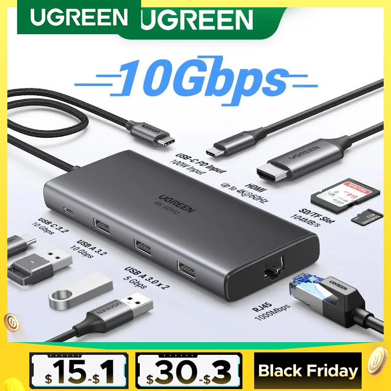 (RU Special) UGREEN Revodok 9-in-1 USB Type-C to 4K HDMI 10Gbps USB C&A 1000Mbps RJ45 PD100W SD&TF USB3.0 5Gbps Pors