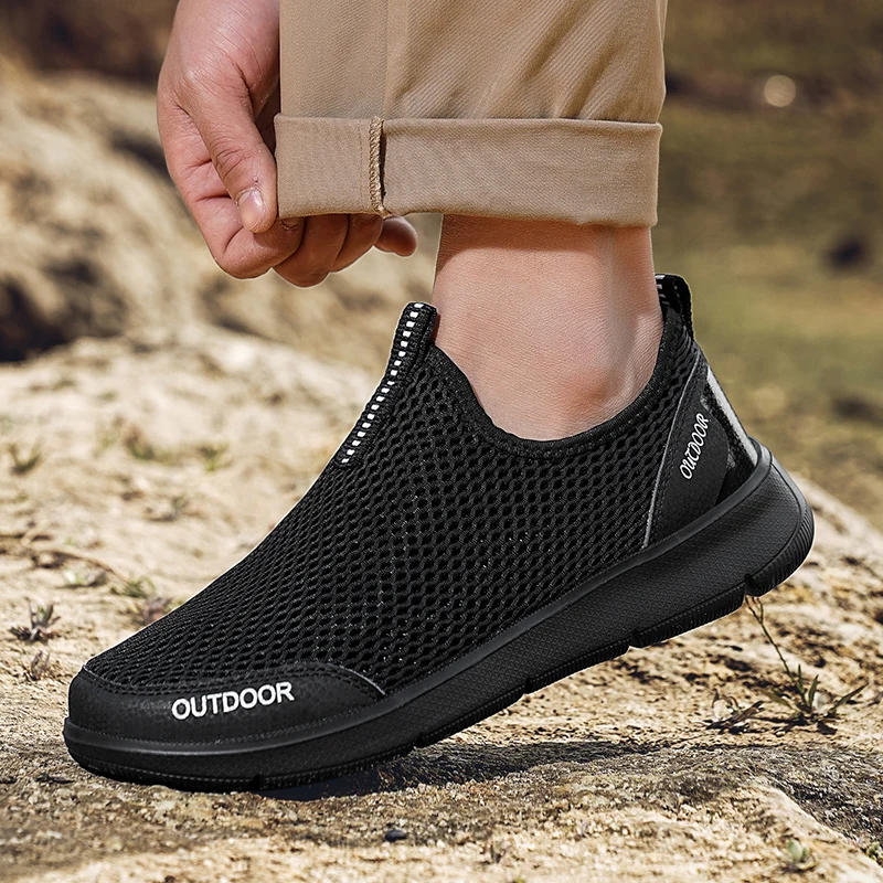 Sapatos casuais masculinos antiderrapantes com nó, confortável, respirável, trabalho diário, esporte, elástico, sola leve