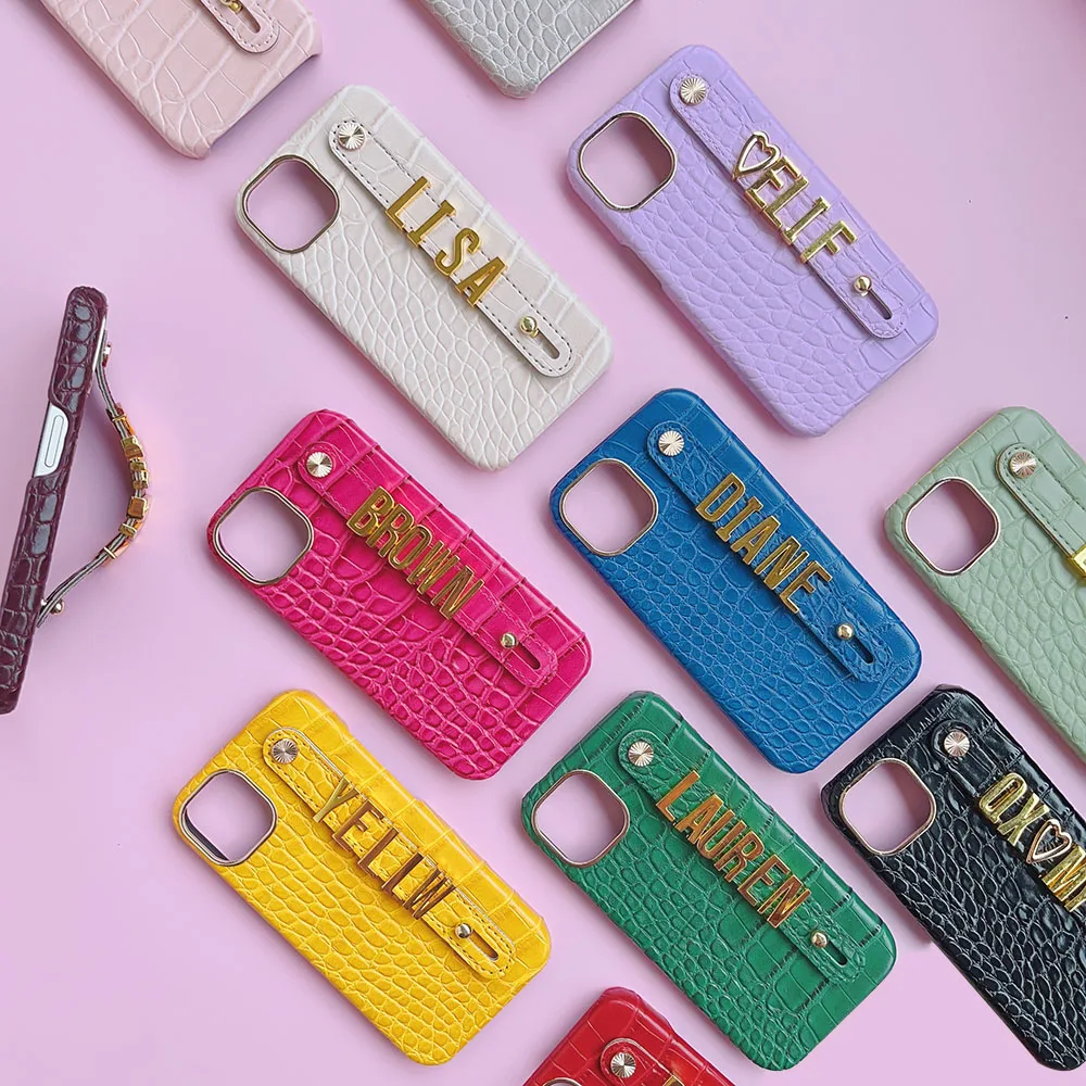 

Custom Name Luxury Crocodile Leather Phone Case For iphone 14 16 ProMax 15pro 14Plus 13Promax 13 12 11 Metal Letters Charm Cover