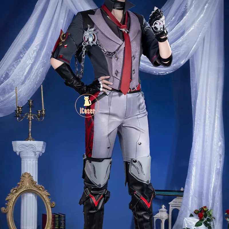 Peruka do Cosplayu Wriothesley Genshin Impact Uniform Fontaine Fortress of Meropide Kolczyki Pierścień Halloween Party dla Kobiet i Mężczyzn