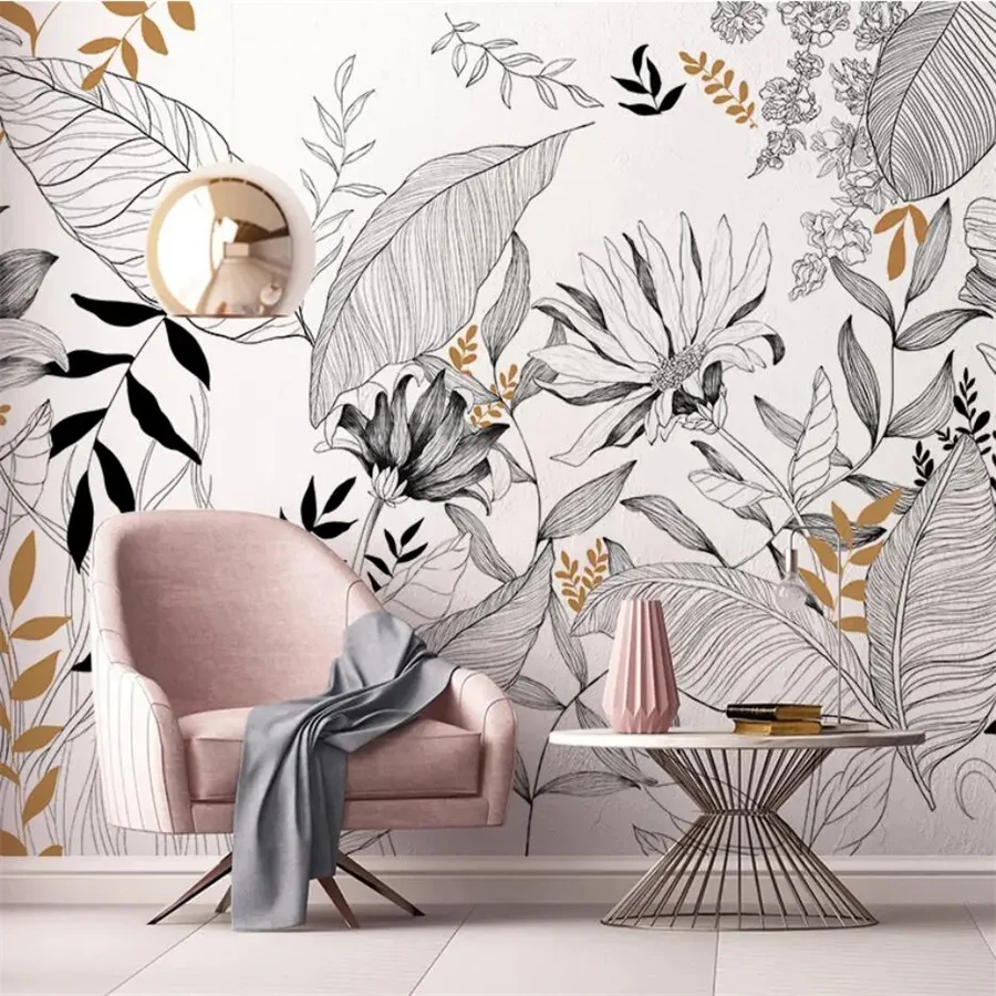 Custom Wallpaper Abstract Drawing Tropical Rainforest Plants Background Retro Line Sketch Floral White And Black Flowers mural