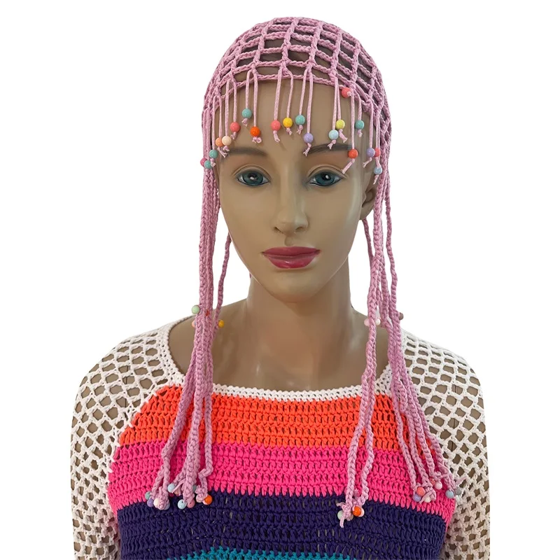 Women s Handmade Crochet Hats Fashion Fascinating Hollow Beanie Hat Cap with Beads Decoration