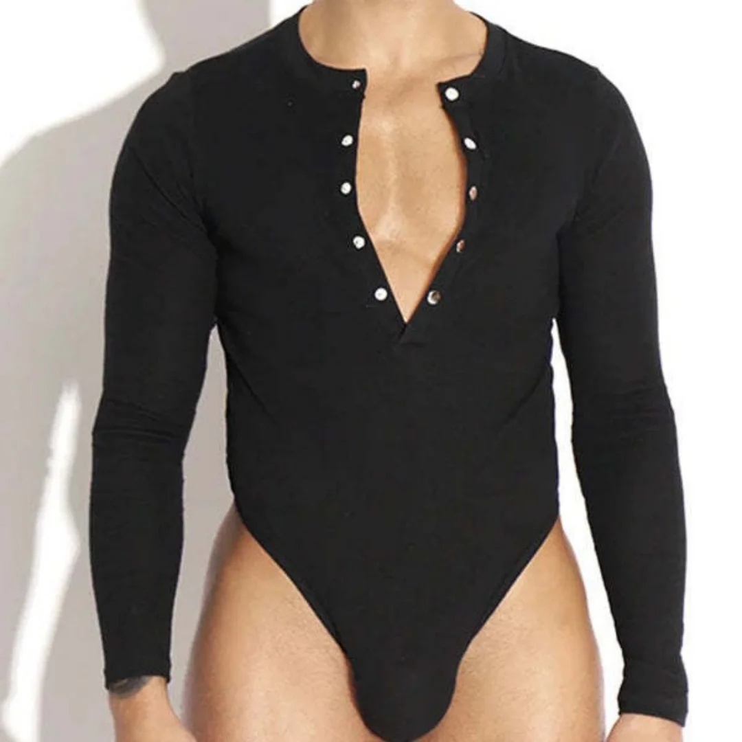 

2026 New Sexy Home Style Men Rompers Deep V neck Breathable Stretch Solid Simple Casual Fashion Long Sleeved Triangle Bodysuits