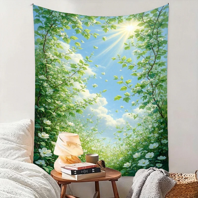1PC Green Leaf Flower Art Print Backdrop Banner, Bedroom Living Room Photo Background, Polyester, Home Decor, Wall Art