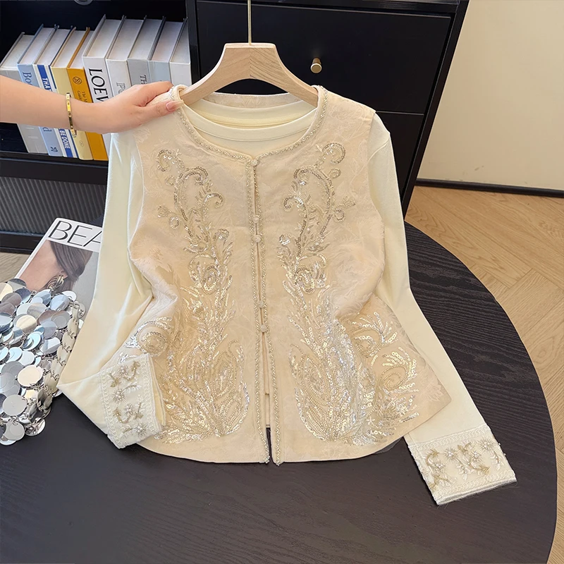 Women's Cotton Vest 2026 Autumn Fashion Old Money Style Heavy Embroidery Beaded Vest Jacket Regular Length Single Button