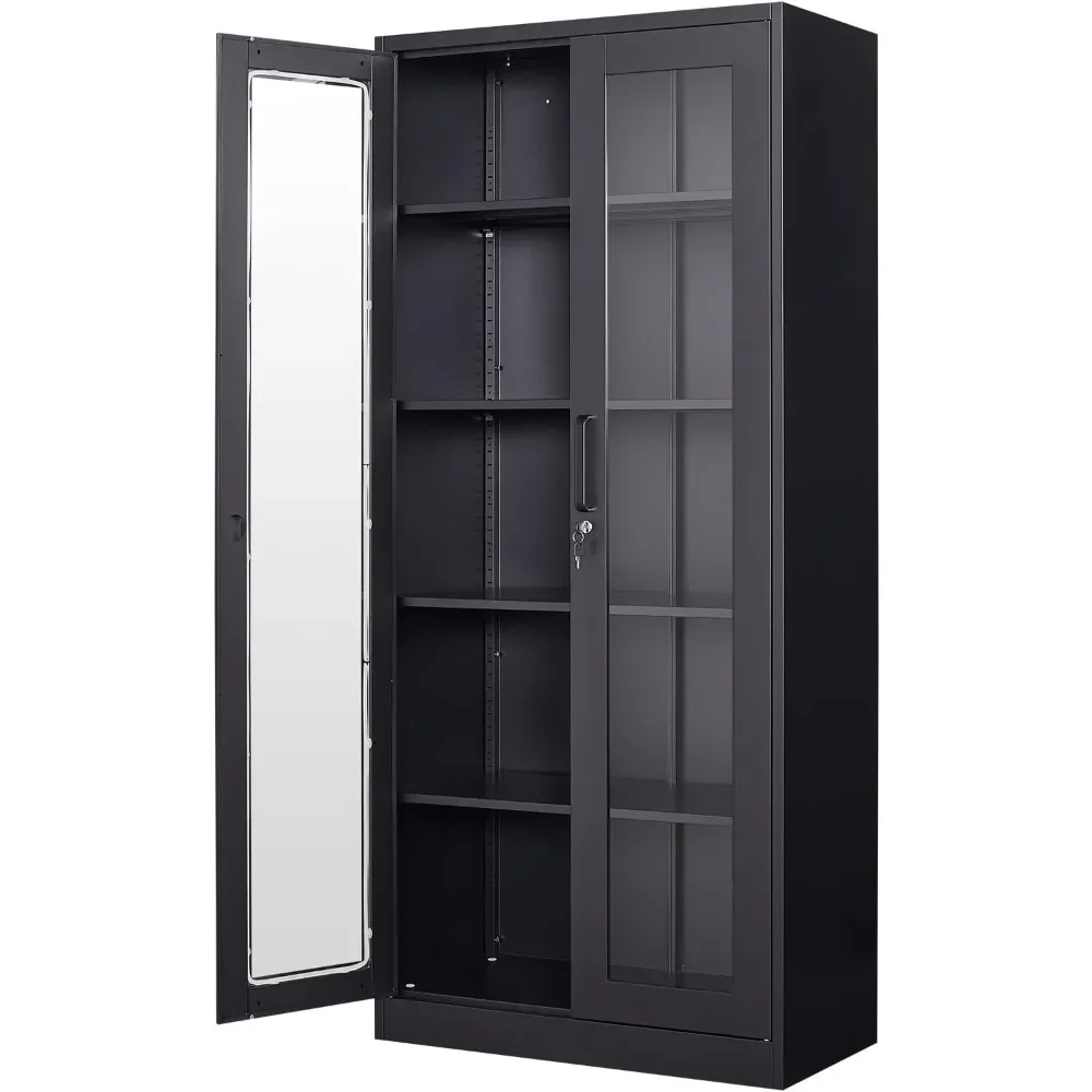 

Glass-Door Display Cabinet with 4 Adjustable Shelves – Locking Curio Case for Home/Office