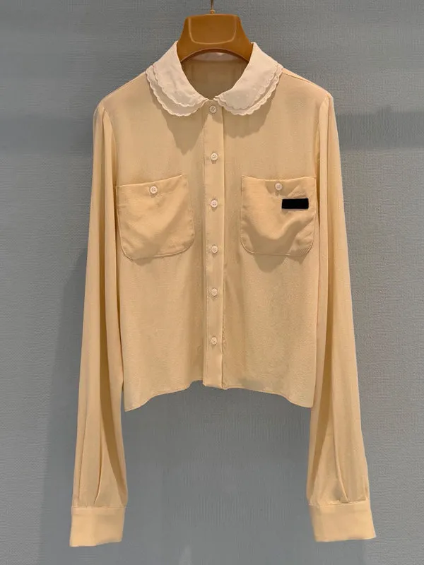 Commute Style Doll Collar Long Sleeve Women's Shirt Double Pocket Design Youthful Top Korean Loose Fit Regular Length Button ...