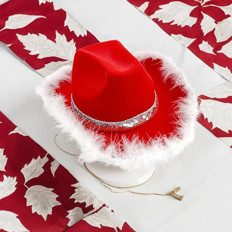 Lamuusaa Women Christmas Cowgirl Hat Western Feather Trim Cowgirl Hat with Chin Strap Holiday Party Accessories