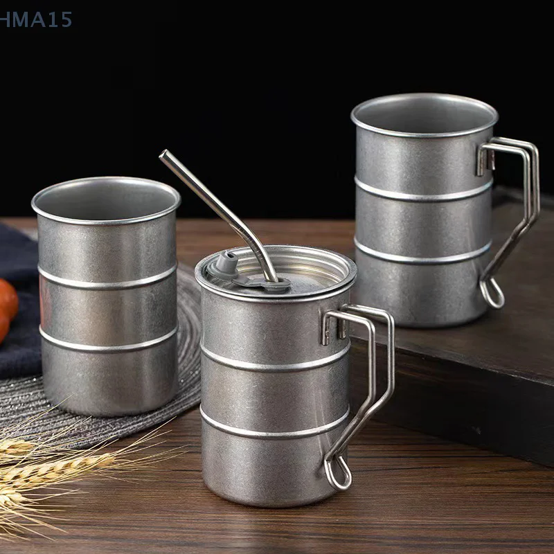 

1PC Retro Old Coffee Water Cup Industrial Style Oil Barrel Mug Outdoor Camping Picnic Beer Mug Drinking Utensils Stainless Stee