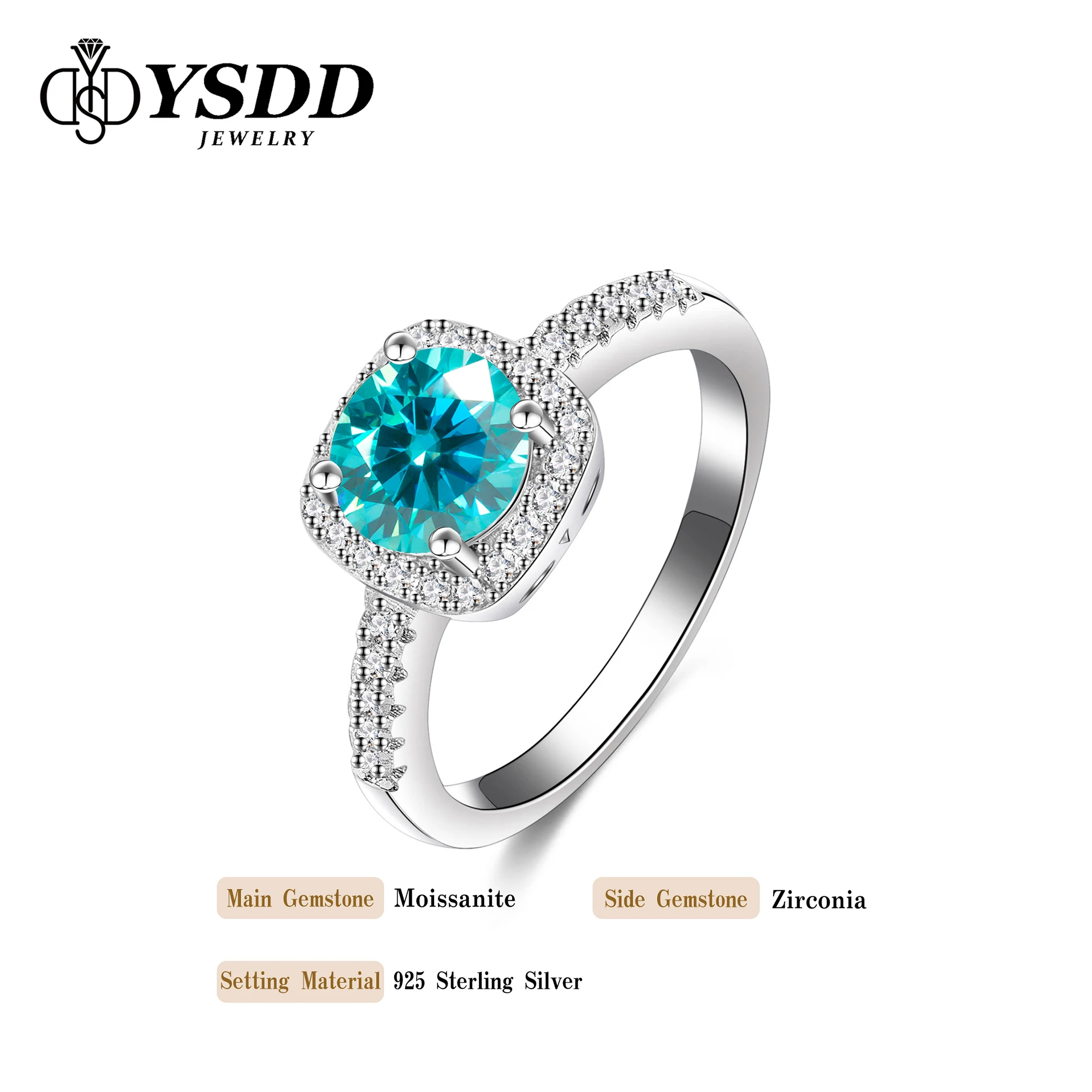 #98 YSDD Moissanite Ring 1 Carat Paraiba Blue Princess Square Pack 925 Sterling Silver V Row Ring Women's Ring Quality Jewelry