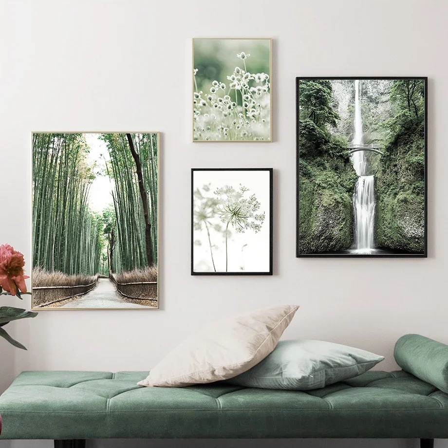 (No frame)Natural Landscape Dandelion Bamboo Forest Waterfall Wall Art Mural Posters Print Canvas Painting Pictures Living Ro