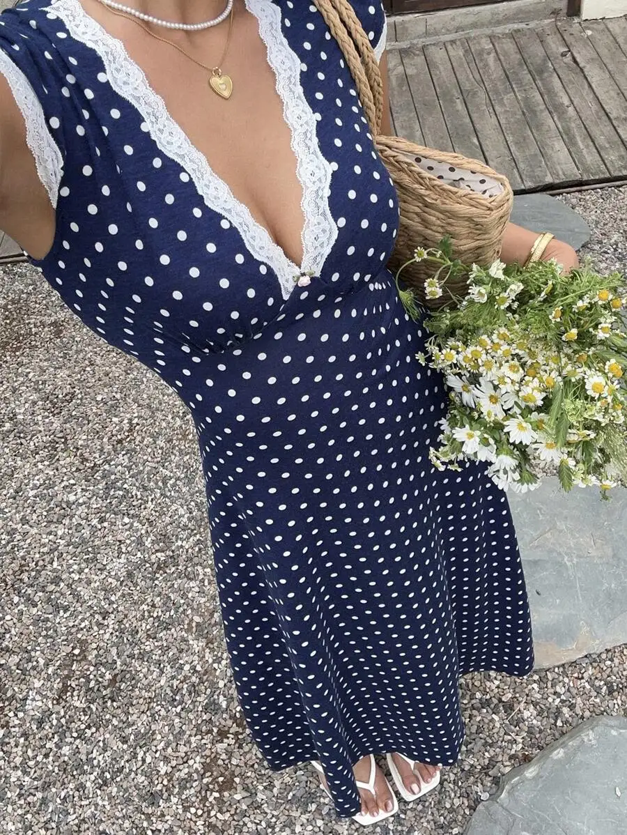 

Navy Blue Polka Dot Lace Trim V-Neck Flared Maxi Dress for Summer