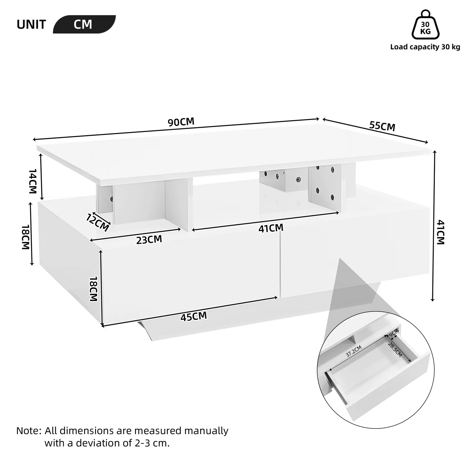طاولة القهوة الحديثة LED طاولة شاي مستطيلة عالية اللمعان مع مساحة تخزين 2 درج لأثاث غرفة المعيشة، 90x55x41 سم #5