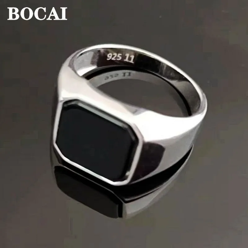 BOCAI New S925 Silver Jewelry Inlaid With Natural Onyx Square Men\'s Ring Fashionable and Grand Birthday Gift